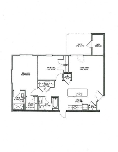 Floor plan for 2 beds, 2 baths, 1038 sqft